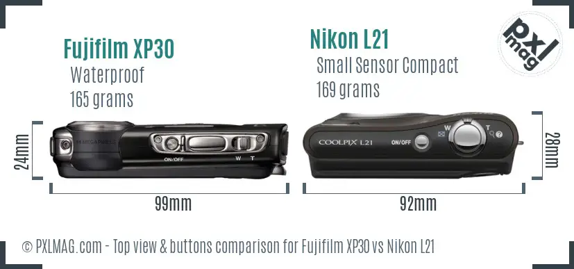 Fujifilm XP30 vs Nikon L21 top view buttons comparison Fujifilm XP30 vs Nikon L21 top view buttons comparison