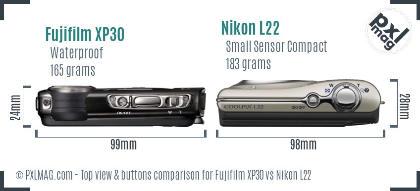 Fujifilm XP30 vs Nikon L22 top view buttons comparison