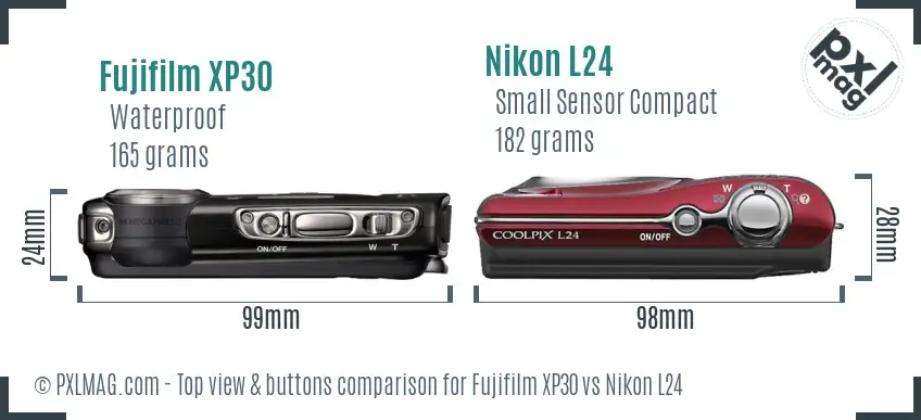 Fujifilm XP30 vs Nikon L24 top view buttons comparison Fujifilm XP30 vs Nikon L24 top view buttons comparison