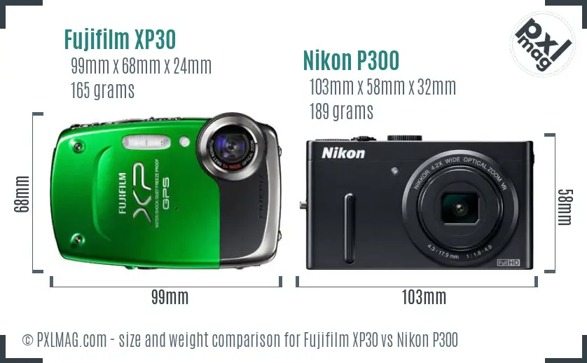 Fujifilm XP30 vs Nikon P300 size comparison