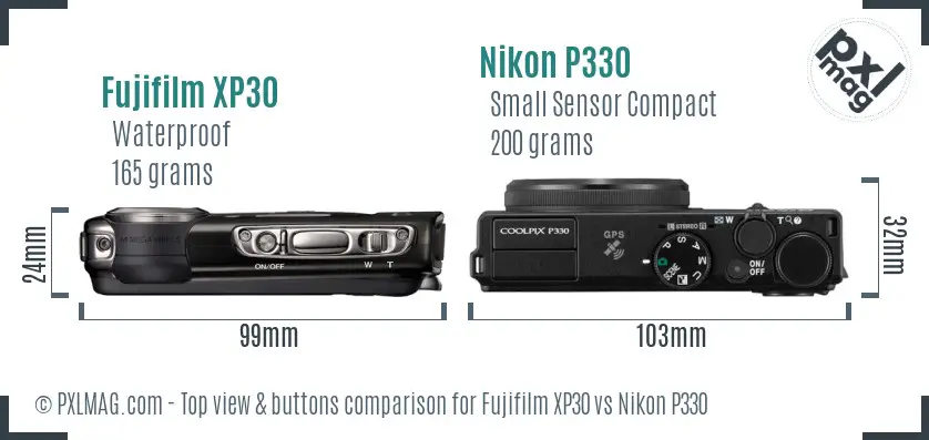Fujifilm XP30 vs Nikon P330 top view buttons comparison Fujifilm XP30 vs Nikon P330 top view buttons comparison
