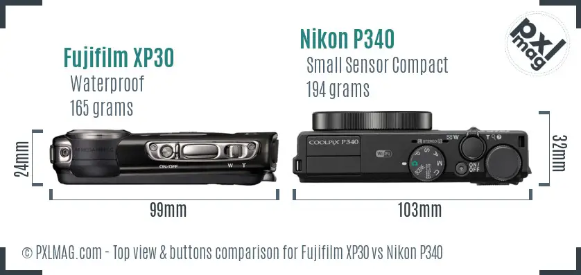 Fujifilm XP30 vs Nikon P340 top view buttons comparison Fujifilm XP30 vs Nikon P340 top view buttons comparison