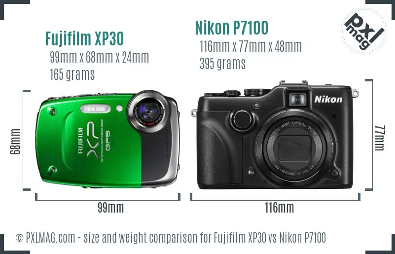 Fujifilm XP30 vs Nikon P7100 size comparison