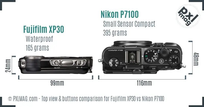 Fujifilm XP30 vs Nikon P7100 top view buttons comparison