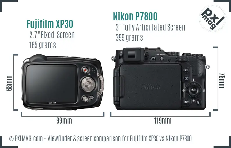 Fujifilm XP30 vs Nikon P7800 Screen and Viewfinder comparison