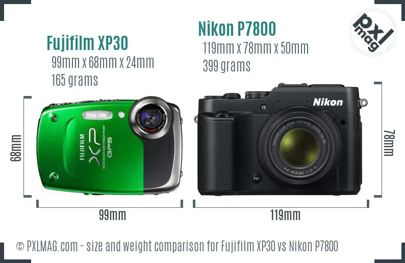 Fujifilm XP30 vs Nikon P7800 size comparison