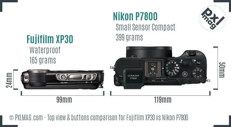 Fujifilm XP30 vs Nikon P7800 top view buttons comparison