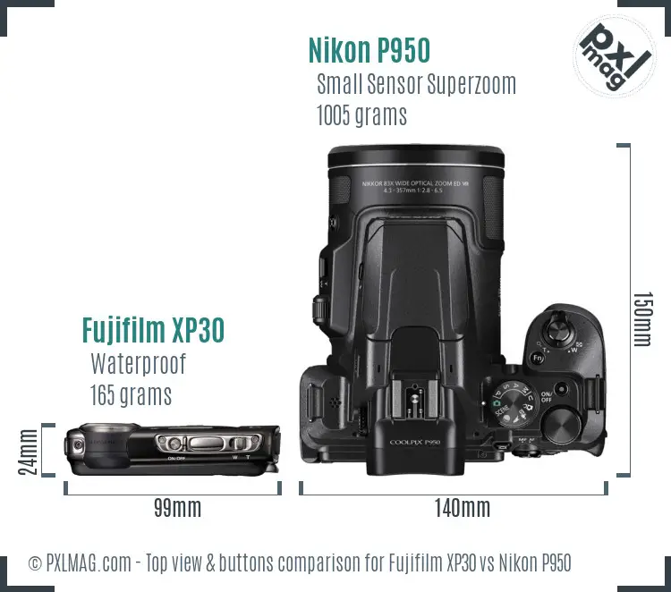 Fujifilm XP30 vs Nikon P950 top view buttons comparison Fujifilm XP30 vs Nikon P950 top view buttons comparison