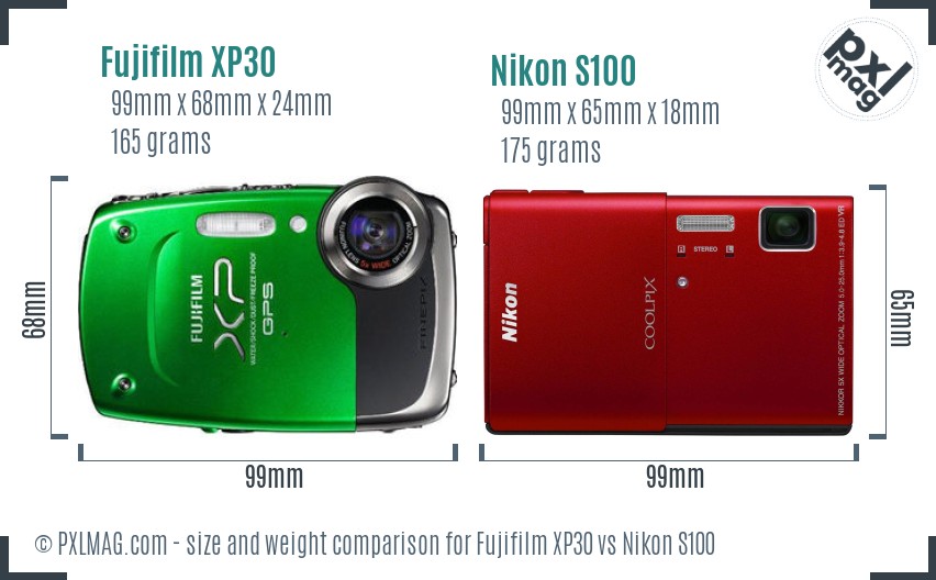 Fujifilm XP30 vs Nikon S100 size comparison
