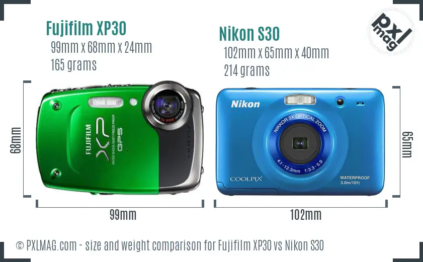 Fujifilm XP30 vs Nikon S30 size comparison