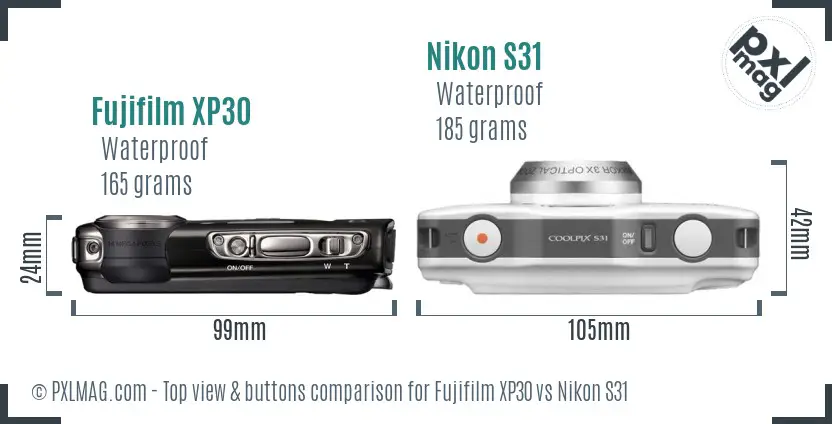 Fujifilm XP30 vs Nikon S31 top view buttons comparison