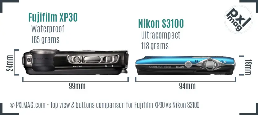 Fujifilm XP30 vs Nikon S3100 top view buttons comparison Fujifilm XP30 vs Nikon S3100 top view buttons comparison