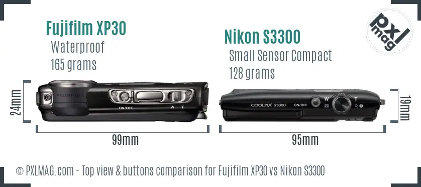 Fujifilm XP30 vs Nikon S3300 top view buttons comparison