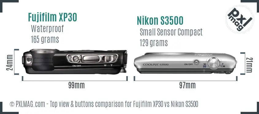 Fujifilm XP30 vs Nikon S3500 top view buttons comparison Fujifilm XP30 vs Nikon S3500 top view buttons comparison
