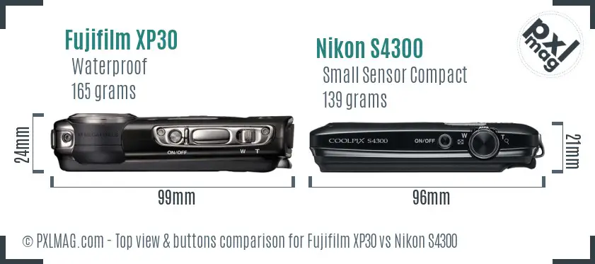 Fujifilm XP30 vs Nikon S4300 top view buttons comparison Fujifilm XP30 vs Nikon S4300 top view buttons comparison