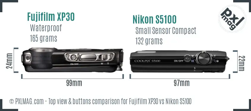 Fujifilm XP30 vs Nikon S5100 top view buttons comparison