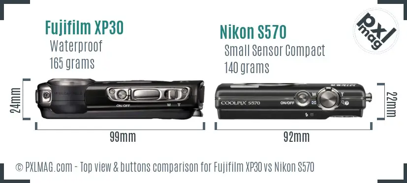 Fujifilm XP30 vs Nikon S570 top view buttons comparison Fujifilm XP30 vs Nikon S570 top view buttons comparison