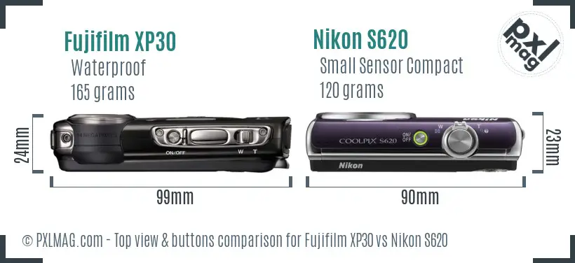 Fujifilm XP30 vs Nikon S620 top view buttons comparison