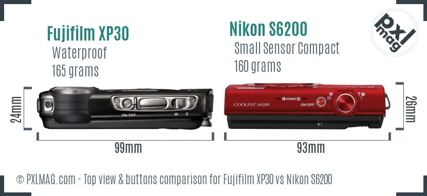 Fujifilm XP30 vs Nikon S6200 top view buttons comparison Fujifilm XP30 vs Nikon S6200 top view buttons comparison