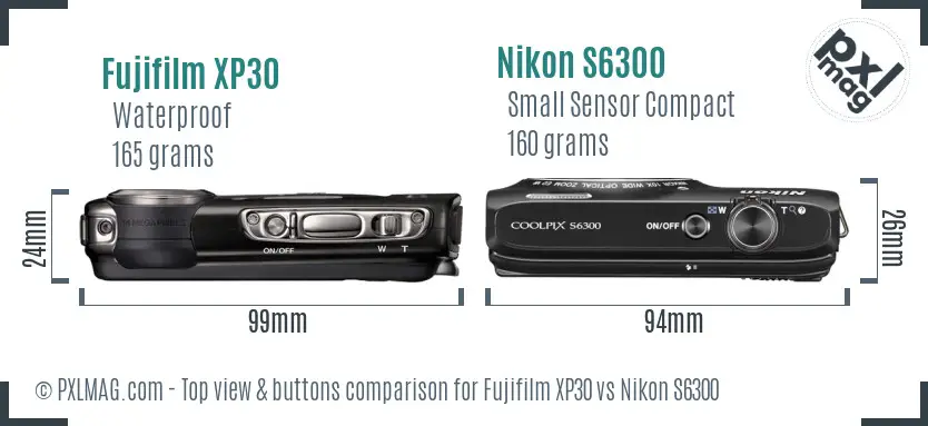 Fujifilm XP30 vs Nikon S6300 top view buttons comparison Fujifilm XP30 vs Nikon S6300 top view buttons comparison