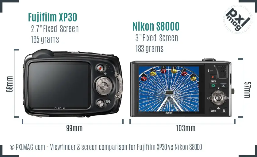 Fujifilm XP30 vs Nikon S8000 Screen and Viewfinder comparison