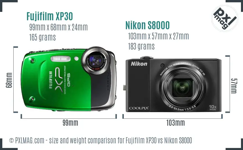 Fujifilm XP30 vs Nikon S8000 size comparison
