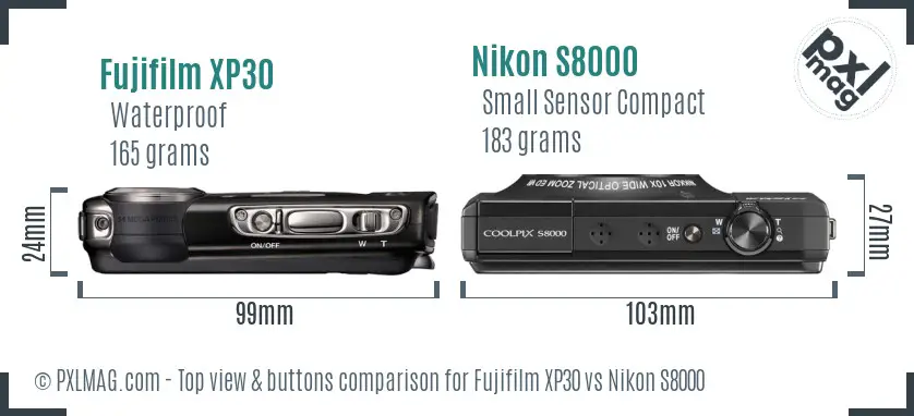 Fujifilm XP30 vs Nikon S8000 top view buttons comparison