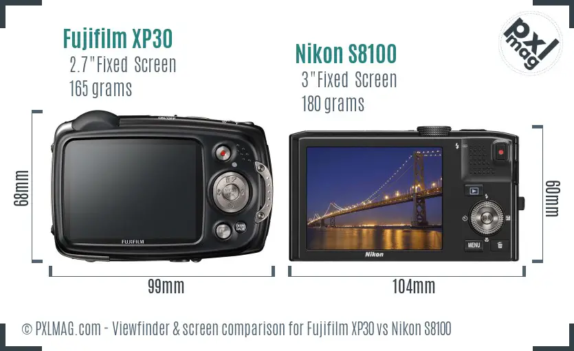 Fujifilm XP30 vs Nikon S8100 Screen and Viewfinder comparison