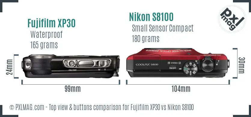 Fujifilm XP30 vs Nikon S8100 top view buttons comparison