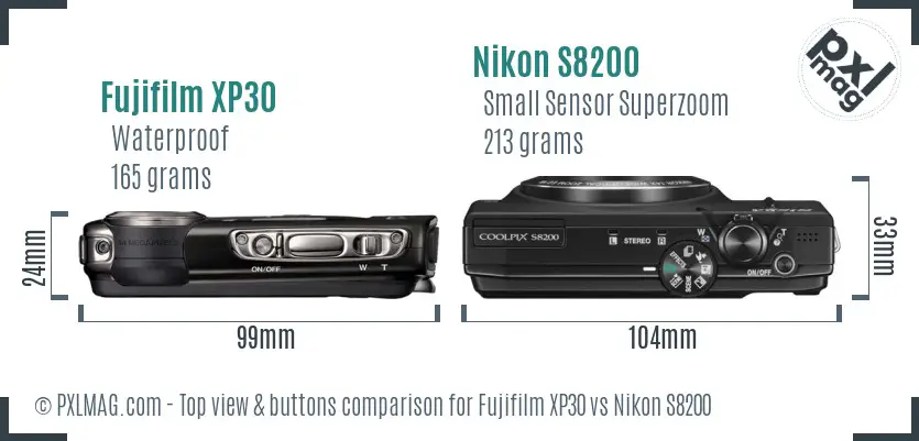 Fujifilm XP30 vs Nikon S8200 top view buttons comparison Fujifilm XP30 vs Nikon S8200 top view buttons comparison