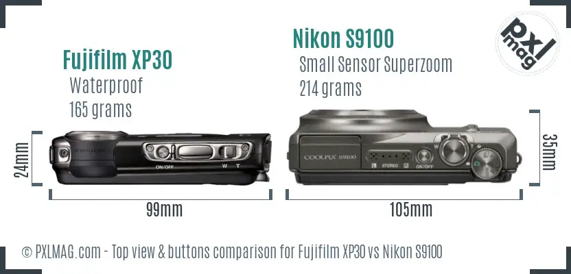 Fujifilm XP30 vs Nikon S9100 top view buttons comparison Fujifilm XP30 vs Nikon S9100 top view buttons comparison