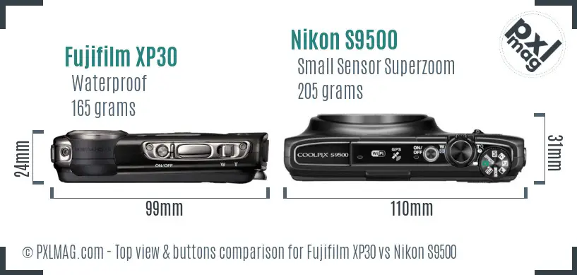 Fujifilm XP30 vs Nikon S9500 top view buttons comparison