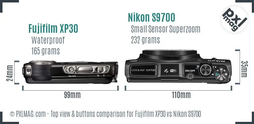 Fujifilm XP30 vs Nikon S9700 top view buttons comparison