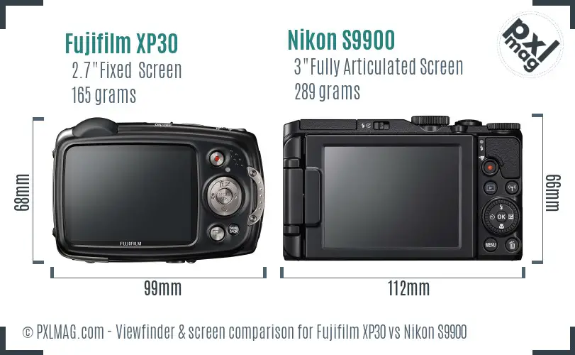 Fujifilm XP30 vs Nikon S9900 Screen and Viewfinder comparison