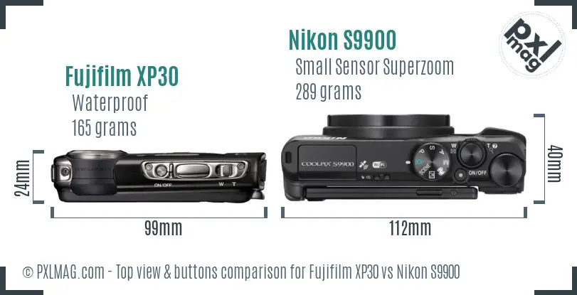 Fujifilm XP30 vs Nikon S9900 top view buttons comparison