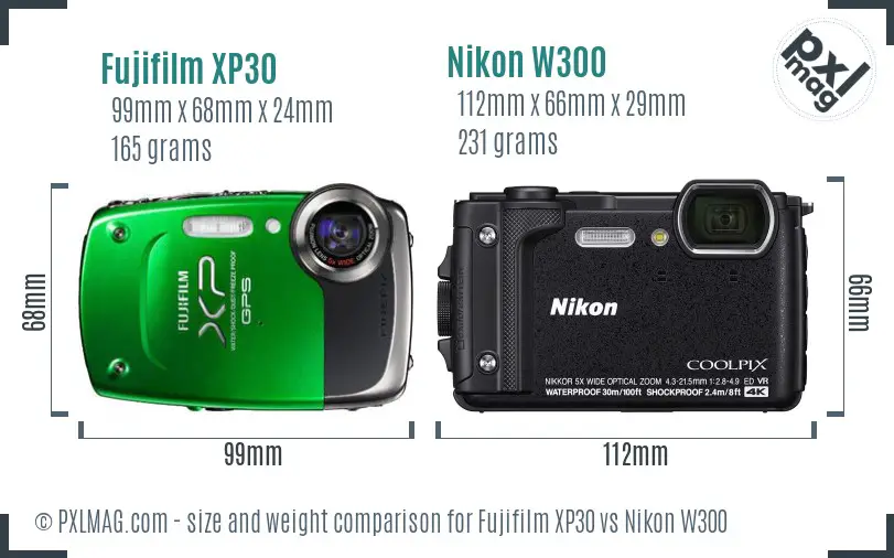 Fujifilm XP30 vs Nikon W300 size comparison