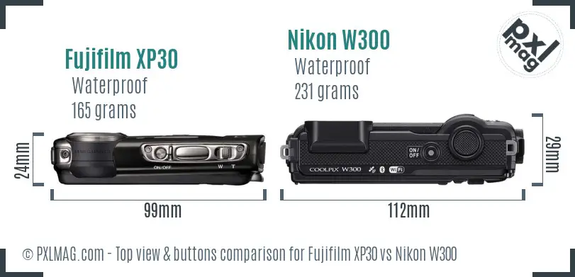 Fujifilm XP30 vs Nikon W300 top view buttons comparison