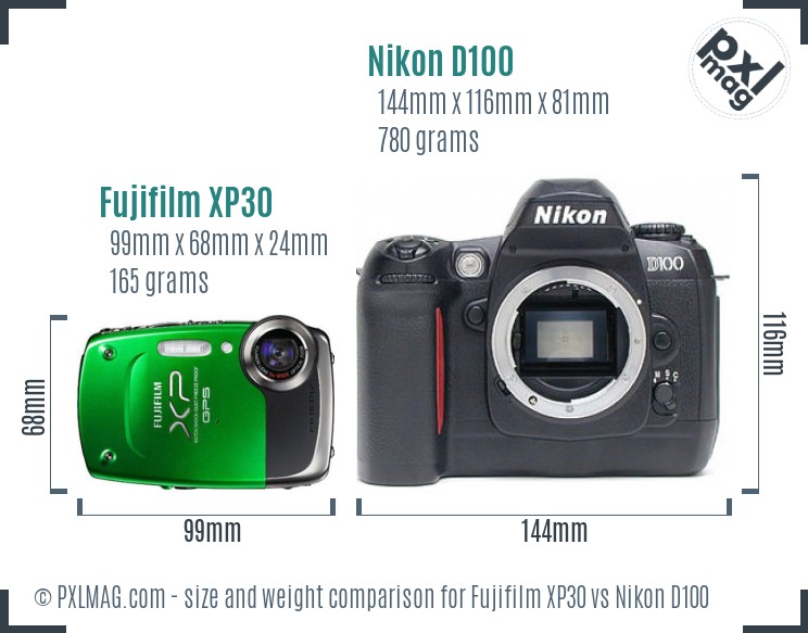 Fujifilm XP30 vs Nikon D100 size comparison