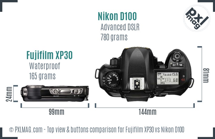 Fujifilm XP30 vs Nikon D100 top view buttons comparison
