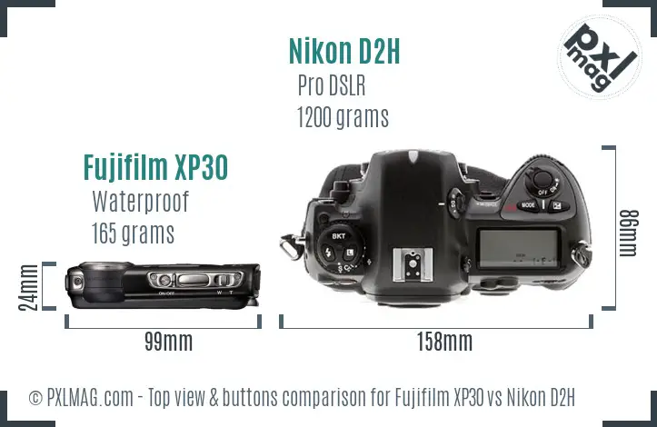 Fujifilm XP30 vs Nikon D2H top view buttons comparison
