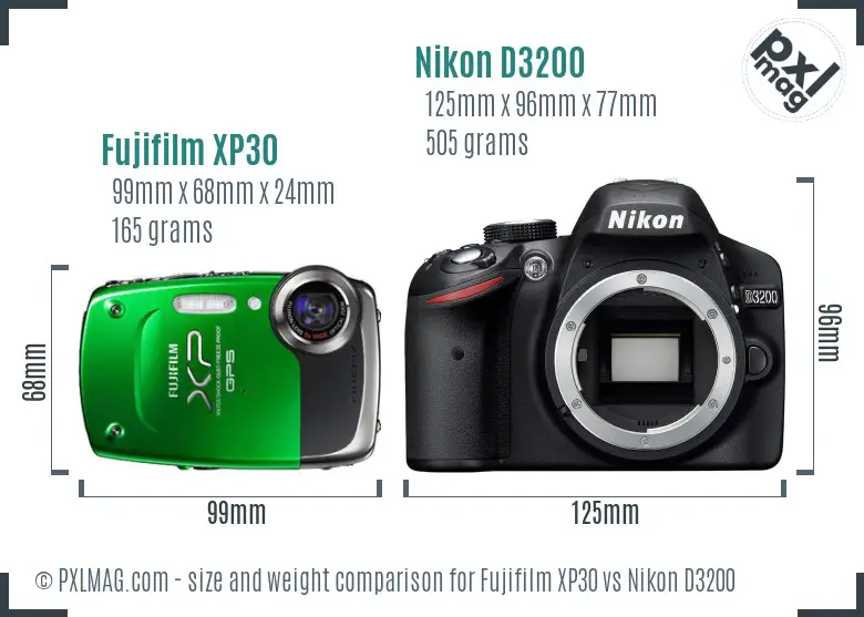Fujifilm XP30 vs Nikon D3200 size comparison
