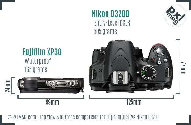 Fujifilm XP30 vs Nikon D3200 top view buttons comparison