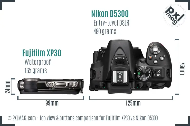 Fujifilm XP30 vs Nikon D5300 top view buttons comparison Fujifilm XP30 vs Nikon D5300 top view buttons comparison