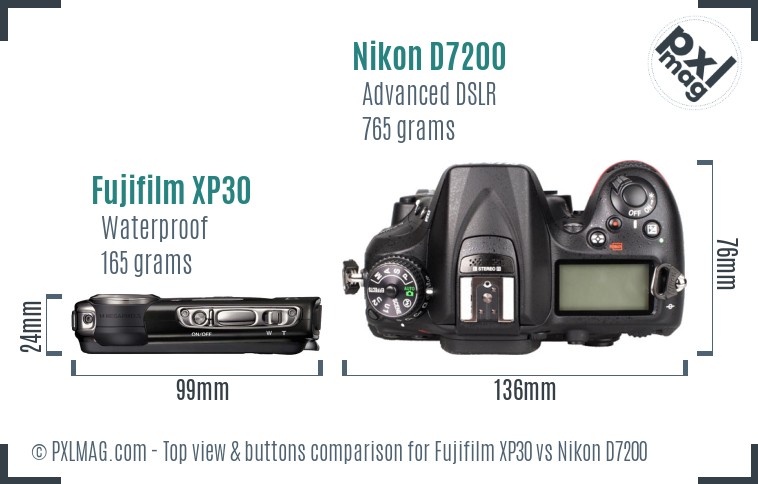 Fujifilm XP30 vs Nikon D7200 top view buttons comparison