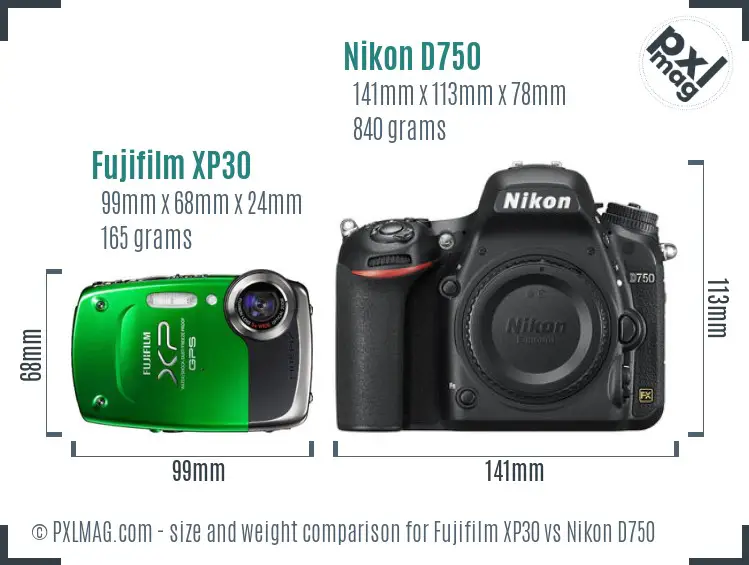 Fujifilm XP30 vs Nikon D750 size comparison Fujifilm XP30 vs Nikon D750 size comparison