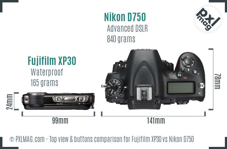Fujifilm XP30 vs Nikon D750 top view buttons comparison Fujifilm XP30 vs Nikon D750 top view buttons comparison