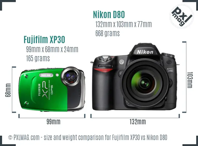 Fujifilm XP30 vs Nikon D80 size comparison