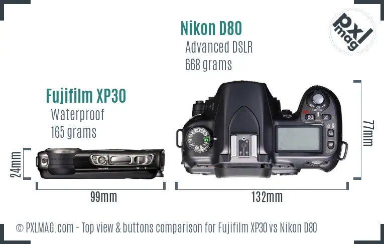 Fujifilm XP30 vs Nikon D80 top view buttons comparison