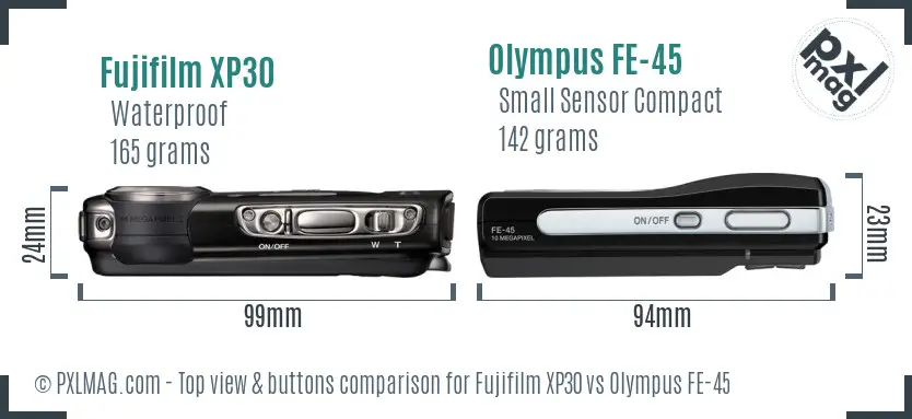 Fujifilm XP30 vs Olympus FE-45 top view buttons comparison