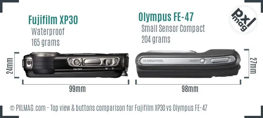 Fujifilm XP30 vs Olympus FE-47 top view buttons comparison